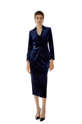 Blue Velvet Satin Asymmetric Side Slit Skirt Suit - FashionByTeresa